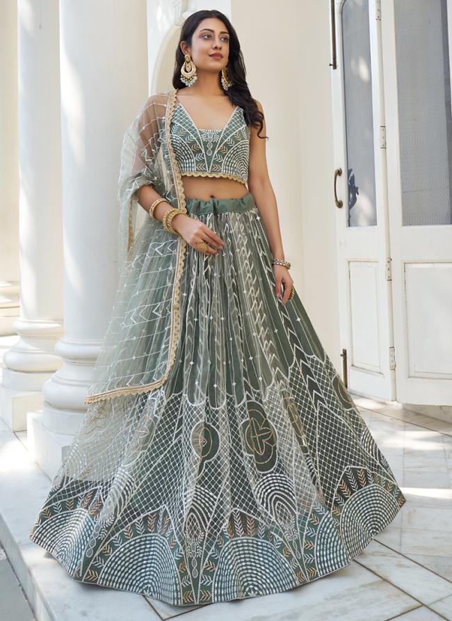 Butterfly Net Dusty Green Wedding Wear Embroidery Work Lehenga Choli